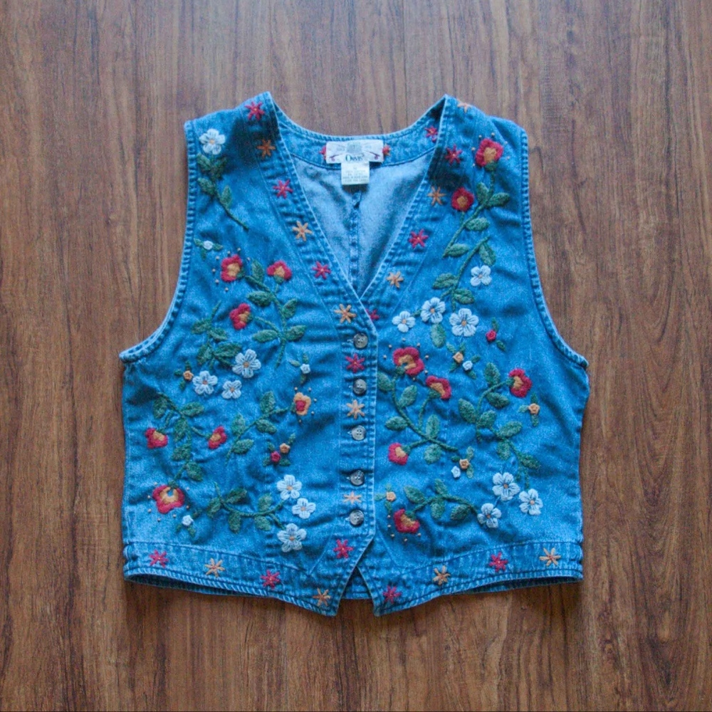 Vintage Orvis Embroidered  Floral Denim Vest Med